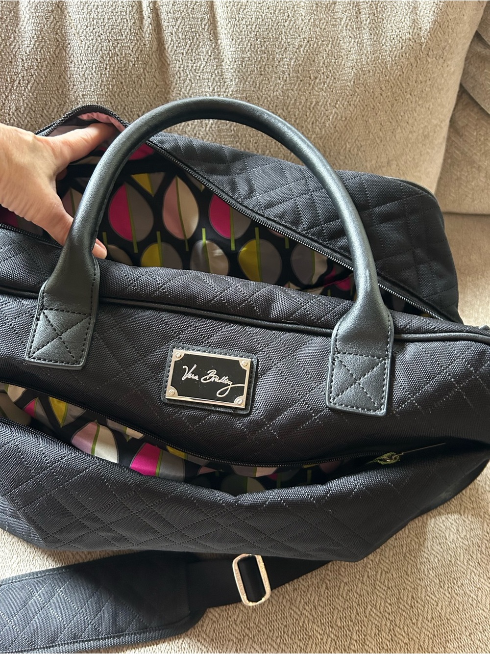Vera Bradley Black Lightly Quilted Satchel Bag Large Duffle Travel Weekender